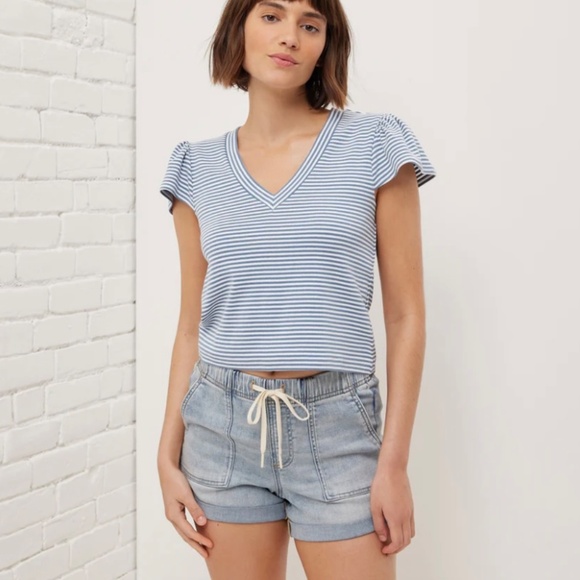 💙 Cotton Mini Rib Flutter Sleeve Tee | UpWest | Blue Stripe | NWT - Picture 7 of 9